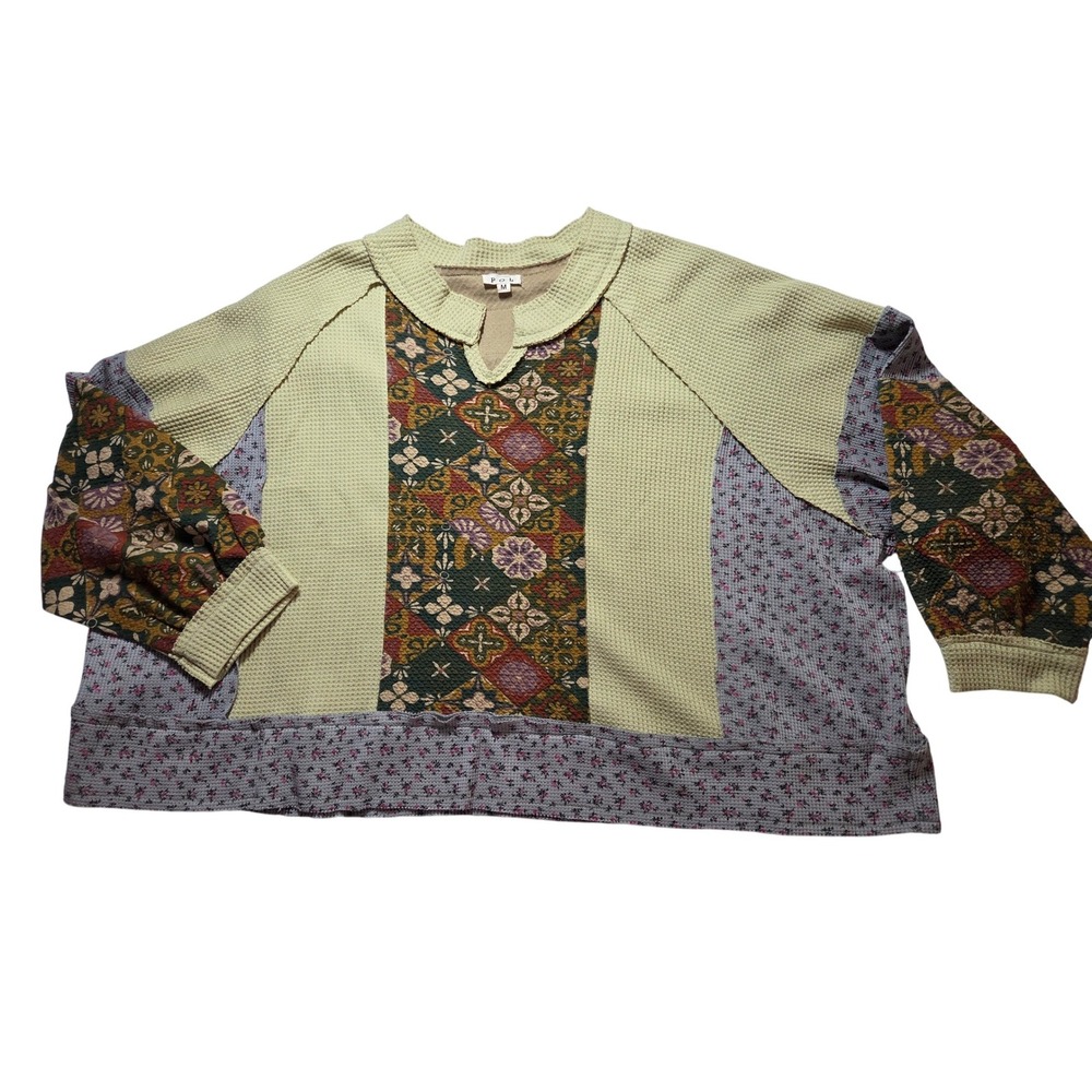 Pol Patchwork Floral Print Pullover Top Waffle Kn… - image 2